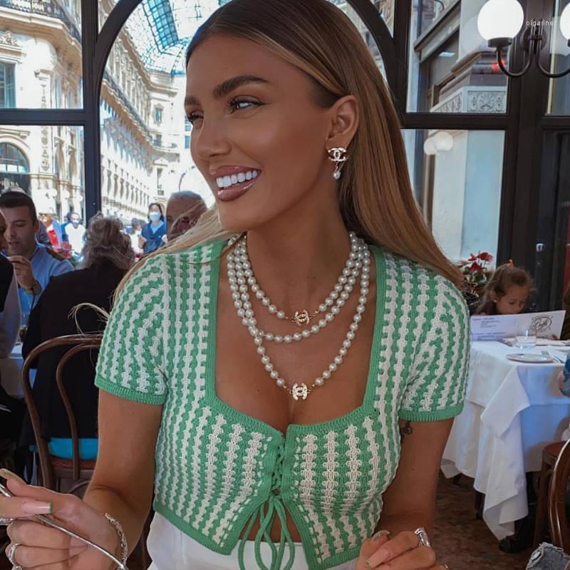 

Women' Knits & Tees Spring/Summer Short Sleeve Lace Up High Waist Navel Y2K Contrast Color Striped Knit Cardigan TopWomen' Olga22, Green