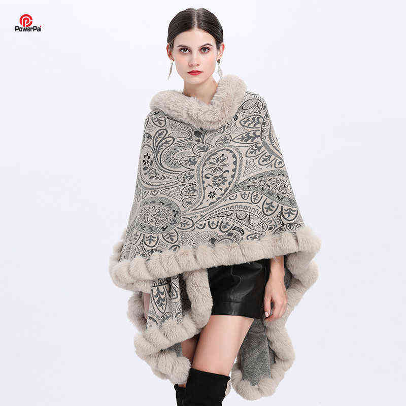 

Fashion Vintage Faux Rex Rabbit Fur Coat Cape Bandana Paisley Pattern Knitted Cashmere Vest Scarf Women Winter Overcoat J220719, Grey