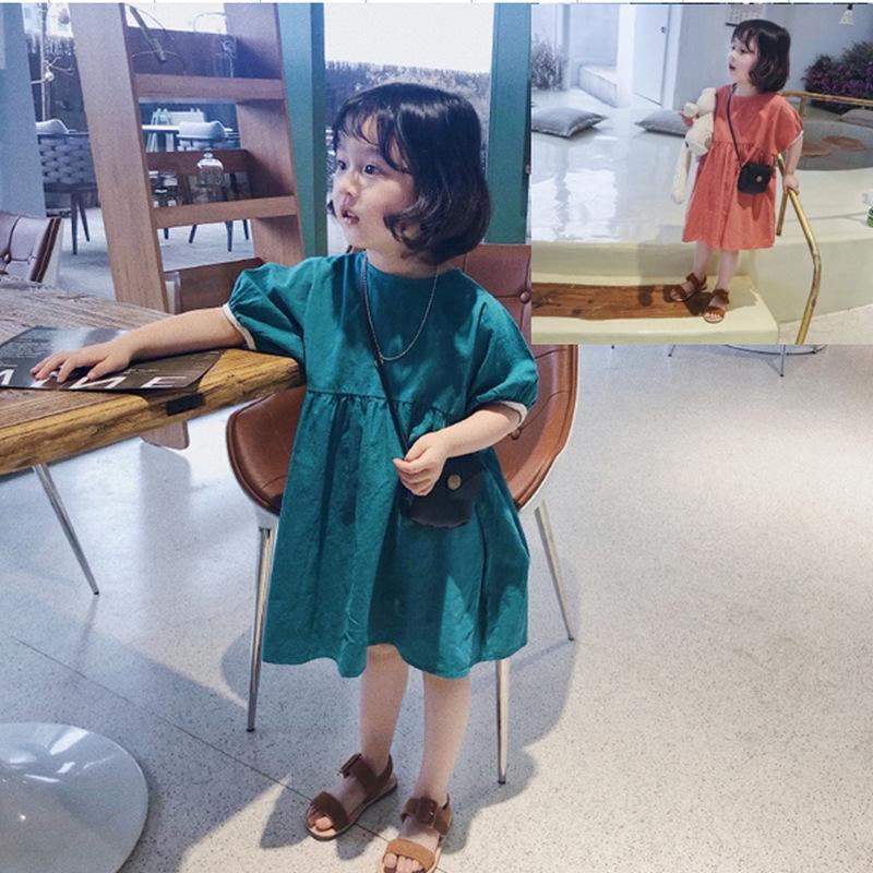 

Girl's Dresses Kids Girls Korean Loose Solid Color Short Sleeve Dress, Green