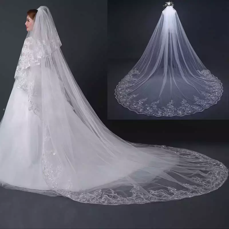 

3/4/5 Meter White Ivory Cathedral Wedding Veils Long Lace Edge Bridal Veil with Comb Wedding Accessories Bride Veu Wedding Veil, Customized