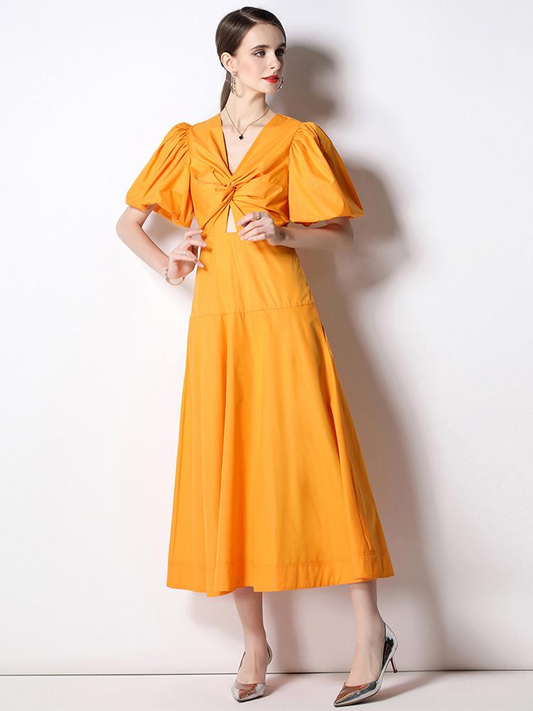 

Party Dresses Summer Casual Long Yellow Dress For Women Cross Cut Out Break V-Neck Puff Sleeve High Waist Solid DressParty DressesParty