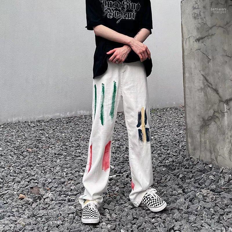 

Men' Jeans Men' Ins Hip Hop Contrast Color Graffiti Print Y2k Korean Version Fashion Street Loose Straight Bert22, White