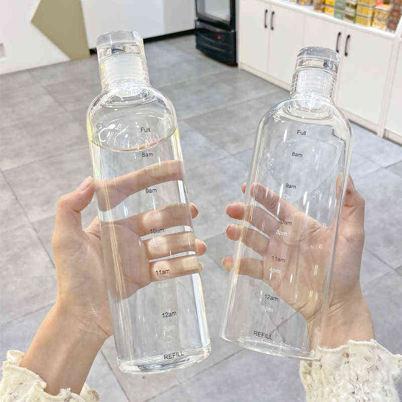 

500/750ml Large Capacity Glass Bottle With Time Marker Cover For Water Drinks Transparent Milk Juice Simple Cup Birthday Gift Y220428
