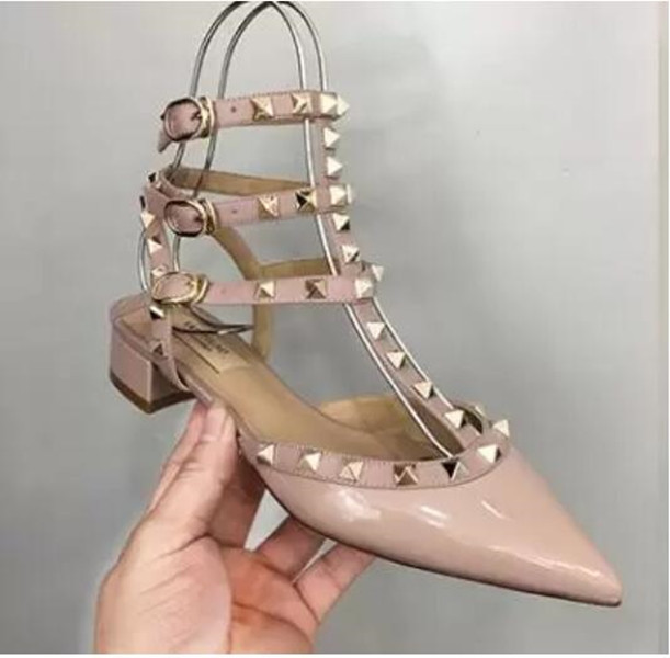 Designers high heel Dress Shoes Ankle Strap Roman Stud black nude white with Rivets womens stiletto chunky heels 3CM pointed open toes fashion