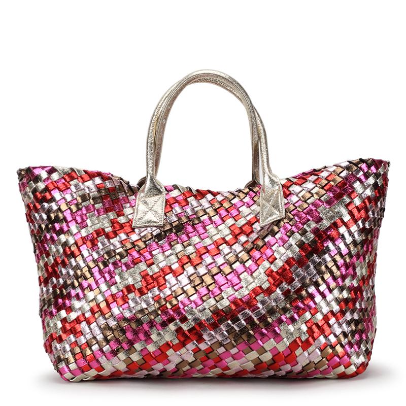 

Evening Bags Style Summer Bling Color Woven Leather Handbag Luxury Women Handbags Cross Stitch Knitting Totes Large Capacity Handle, Pink