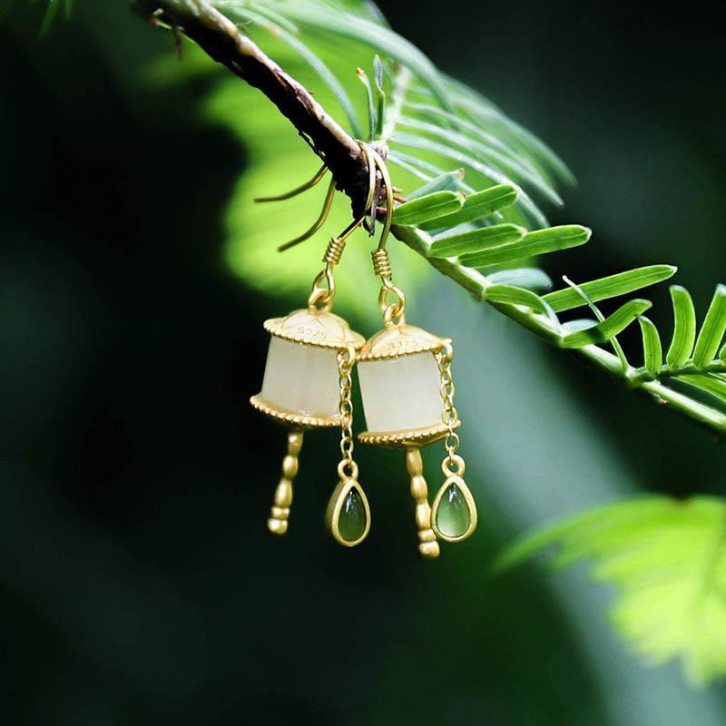 

Dangle & Chandelier Natural Hetian Jade White Tibetan Prayer Wheel Earrings Ancient Sterling Silver Gold-Plated Women's Retro AuspicioDa