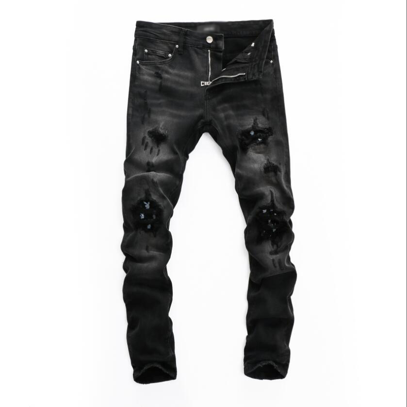 

2021 hip-hop high street fashion brand jeans retro torn fold stitching men's designer motorcycle riding slim pants size 28~40#708, Black