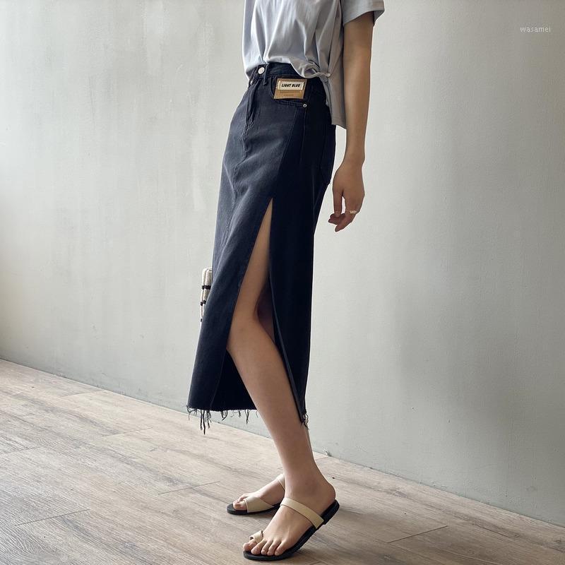 

Skirts Korean Style Loose Denim Casual All Match Split A-line Plus Size Skirt Bodycon High Waist Mujer Faldas Spring Summer, Black