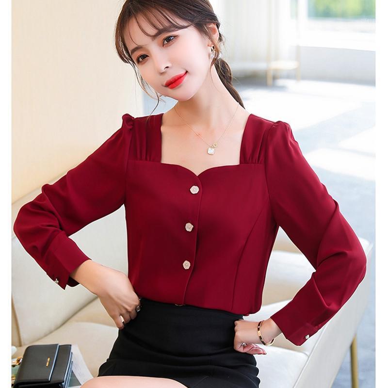 

Red Retro Women Blouse Spring Autumn Long-sleeved Square Collar Casual Shirts Top Vintage Sweet Pearl Button Pleated Shirt Women' Blouses, Burgundy