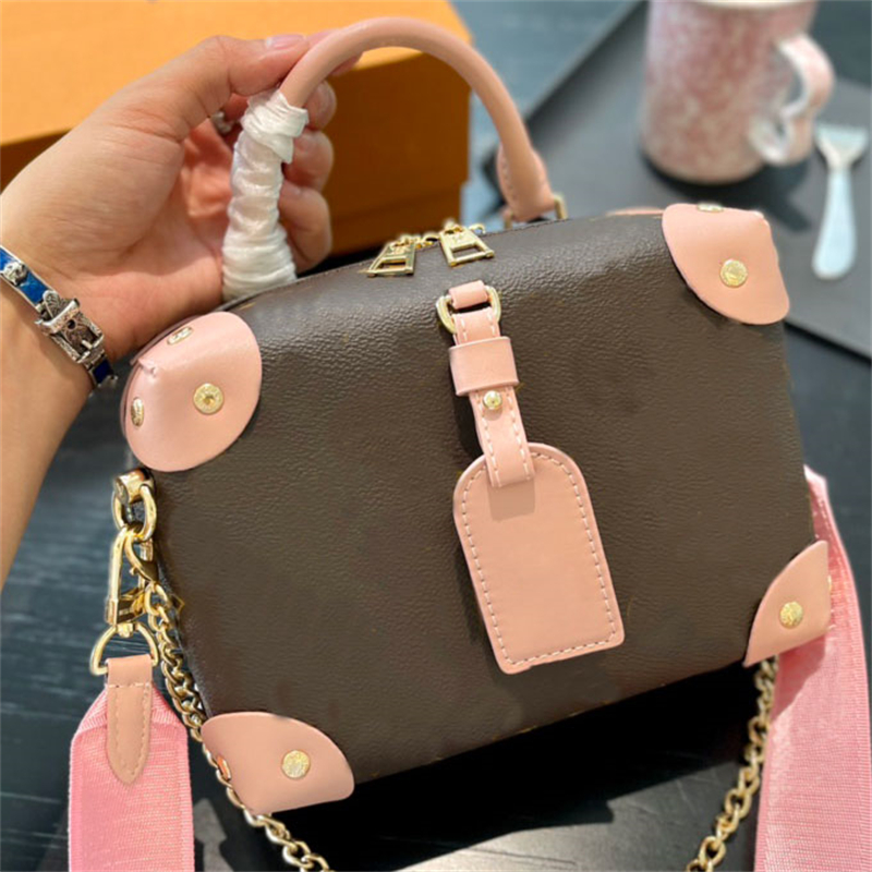 

Petite Malle Souple handbag Black embossed leather Monograms luggage tag Removable chain Strap Luxury Designer Fashioned classic Gold-color hardware Shoulder Bag, Customize