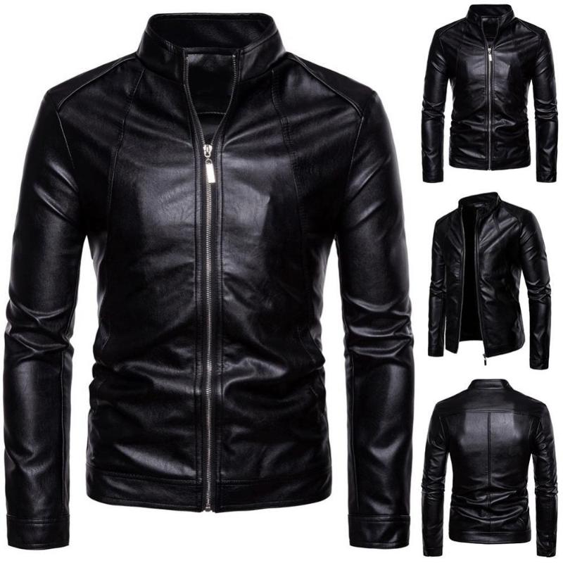 Men's Jackets Men Faux Leather Solid Color Stand Collar Long Sleeve Zip Motorcycle Jacket Coat Coats &