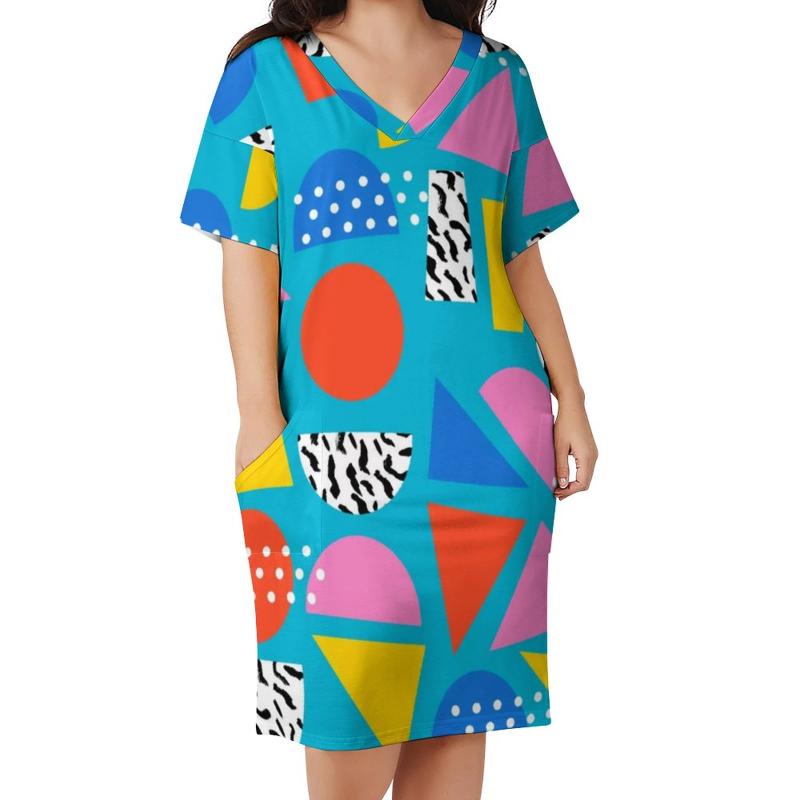 

Plus Size Dresses Memphis Retro Casual Dress Woman Geometric Colorful Pattern Cute Spring V Neck Aesthetic Print SizePlus, Style-2