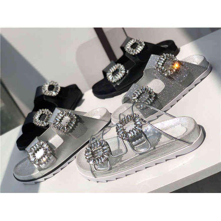 RV Strass Square Boucle Cuir Pantoufles Porter des sandales à fond plat à bout à bout ouvert pour femmes, rangée droite