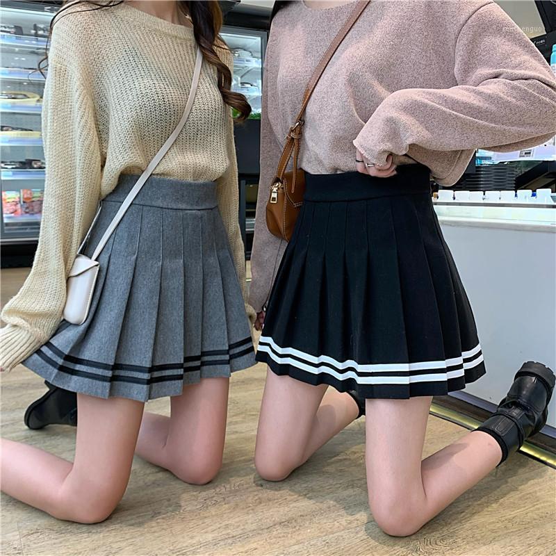 

Skirts ZSIIBO 2022 Autumn And Winter High Waist Slim Pleated Skirt Japanese Striped Stitching A Word Women, Black
