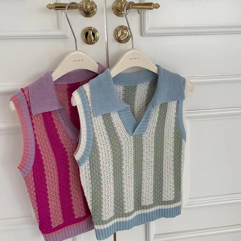 

Women's Sweaters Tinomiswa Turn Down Collar Knitted Pullovers Women Contrast Color Patchwork Sleeveless Loose Casual All-match LadiesWomen's, Purple