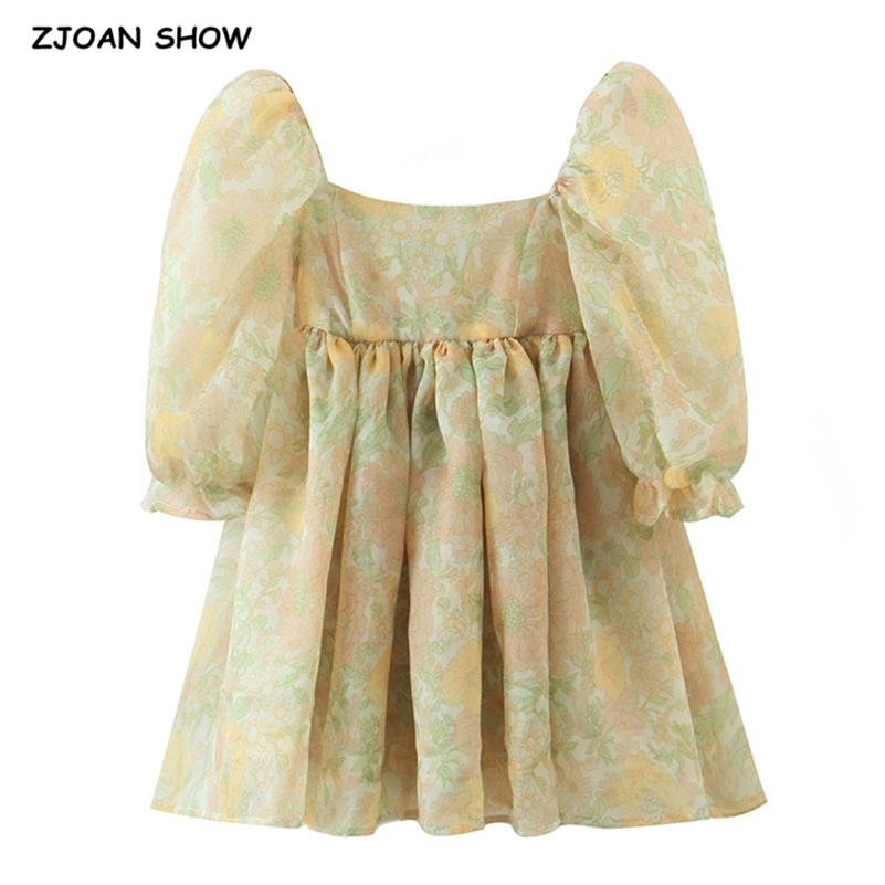 

Princess Yellow Floral Print Organza Ball Gown Dress Puff Sleeve Retro Women Swing Short Dresses Fairy Vestidos Party Robe 220613