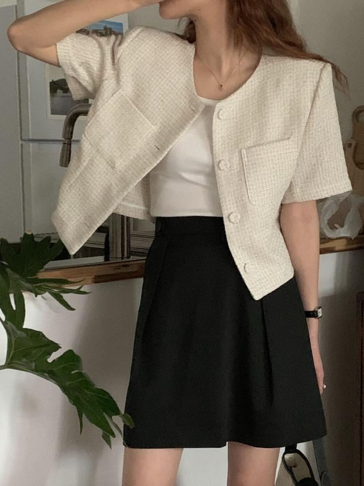 

Women's Jackets Iyundo Korean Chic Summer Black Jacket Ladies French Retro O-neck Single Breasted Pocket Loose Plaid Tweed Short WomenWomen'