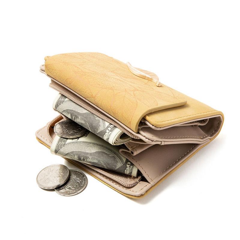 

Wallets Short Wallet Women Brand Leaf Print Trifold Female Fashion PU Leather Ladies Purse Coin Pocket Card Holder For GirlWallets, Black