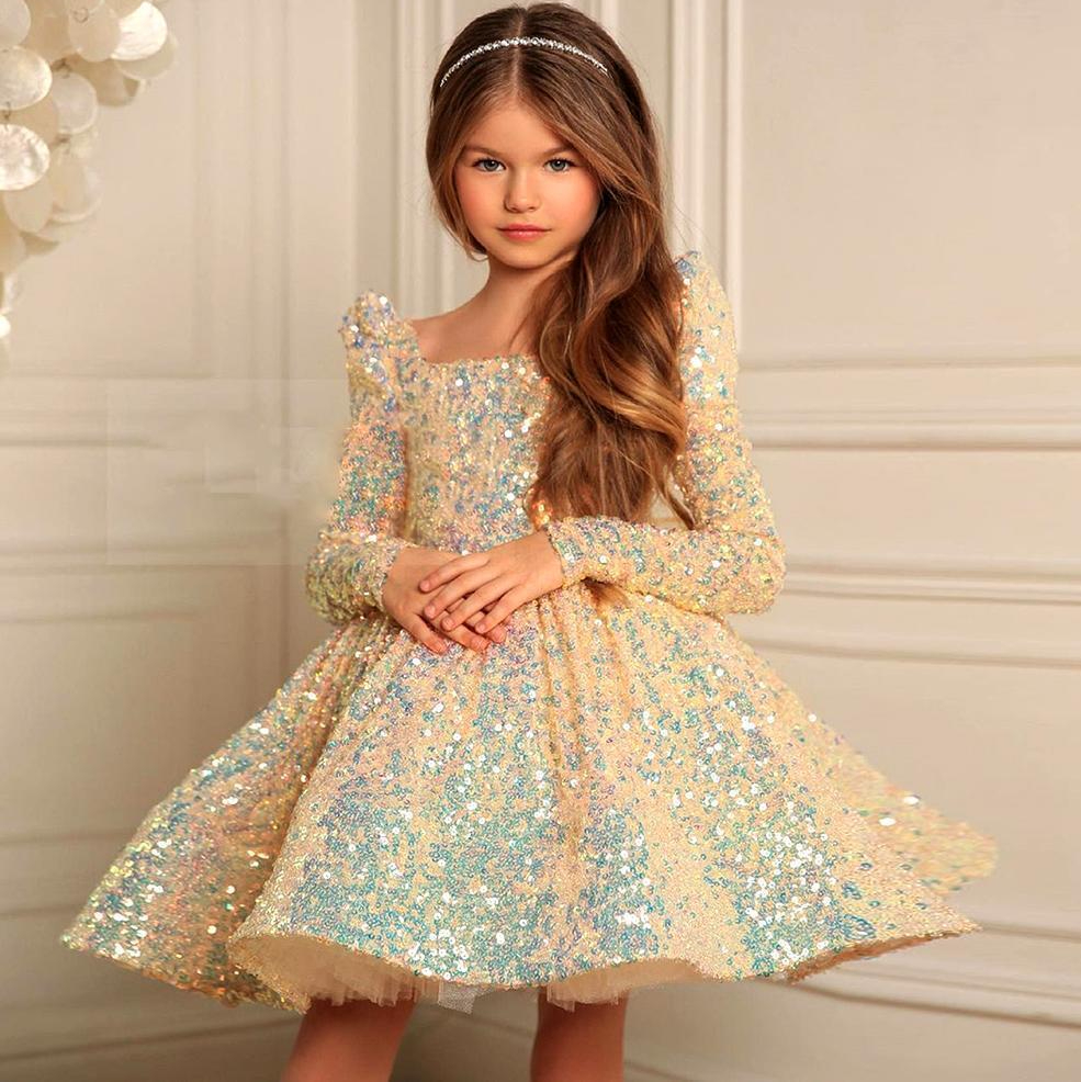 

Gold Girls Pageant Dresses Sequined Toddler Ball Gowns Jewel Long Sleeves Formal Kids Party Christmas Gown Flower Girl Dresses for Weddings 2022, White
