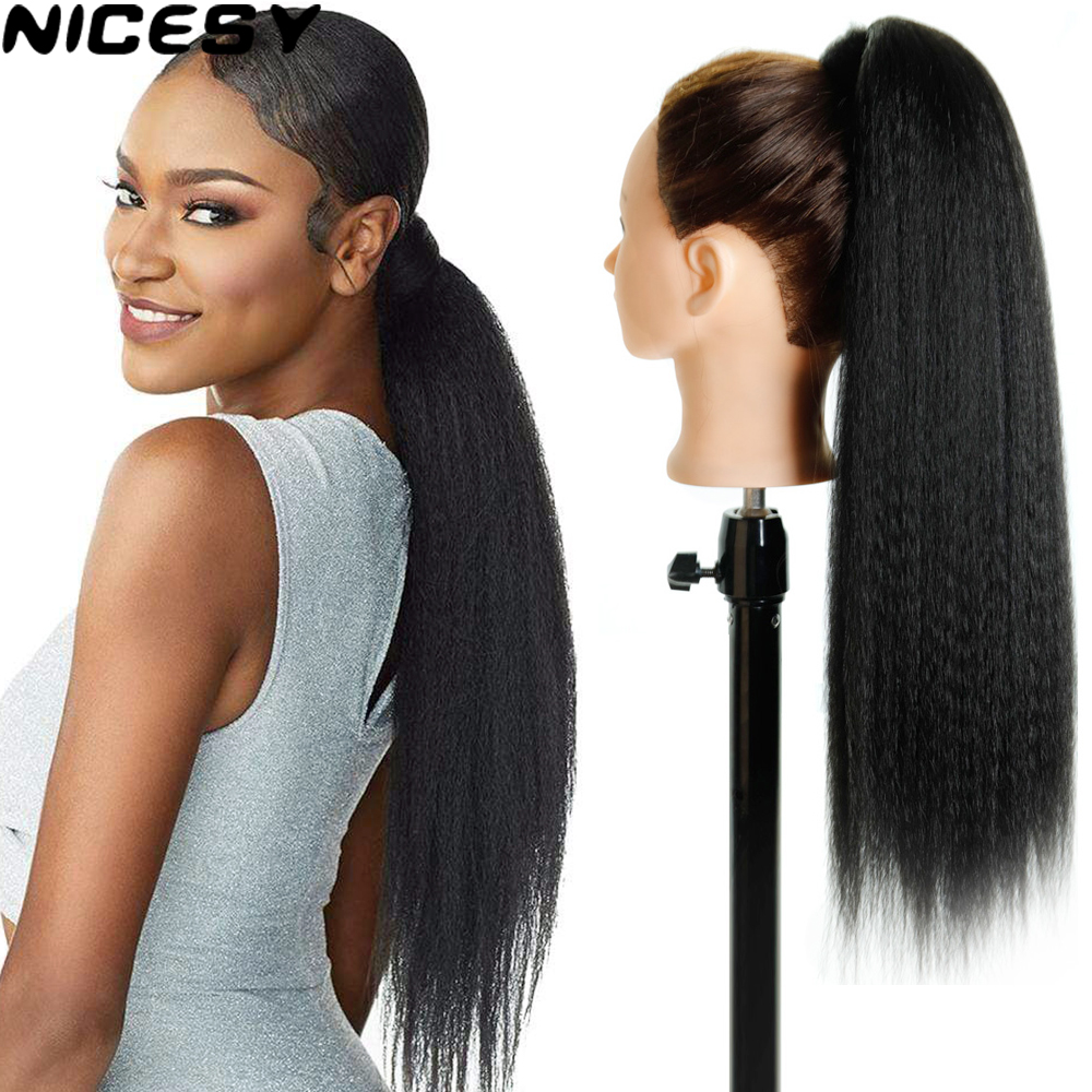 Costume Accessories Synthetic Long Afro Puff Ponytail Hair Kinky Natural Hair Kinky Straight Drawstring Ponytails With Clip Elastic Band-image-773026226