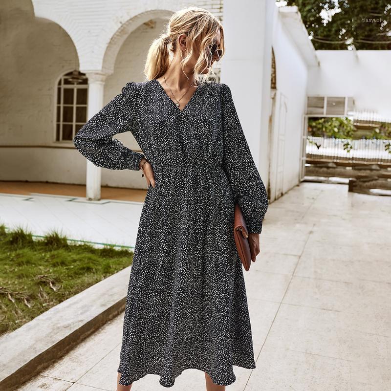 

Casual Dresses Women 2022 Floral Printed Chiffon Autumn Spring Long-Sleeved V-Neck Loose High Waist A Line Long Female, Black