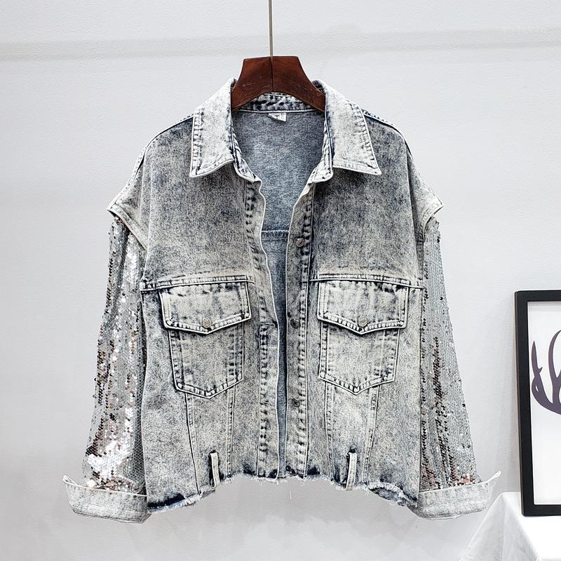 

Women's Jackets Vintage Heavy Industry Sequined Sleeves Stitching Denim Jacket Women 2022 Autumn Oversized Loose Jeans Ropa De Mujer Z547, Blue