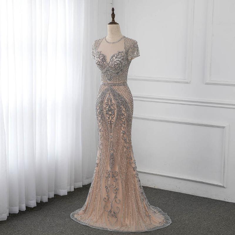 

Party Dresses Luxury Handmade Rhinestones Long Evening Cap Sleeve Mermaid Formal Gown Runway Fashion Gowns YQLNNEParty, Black