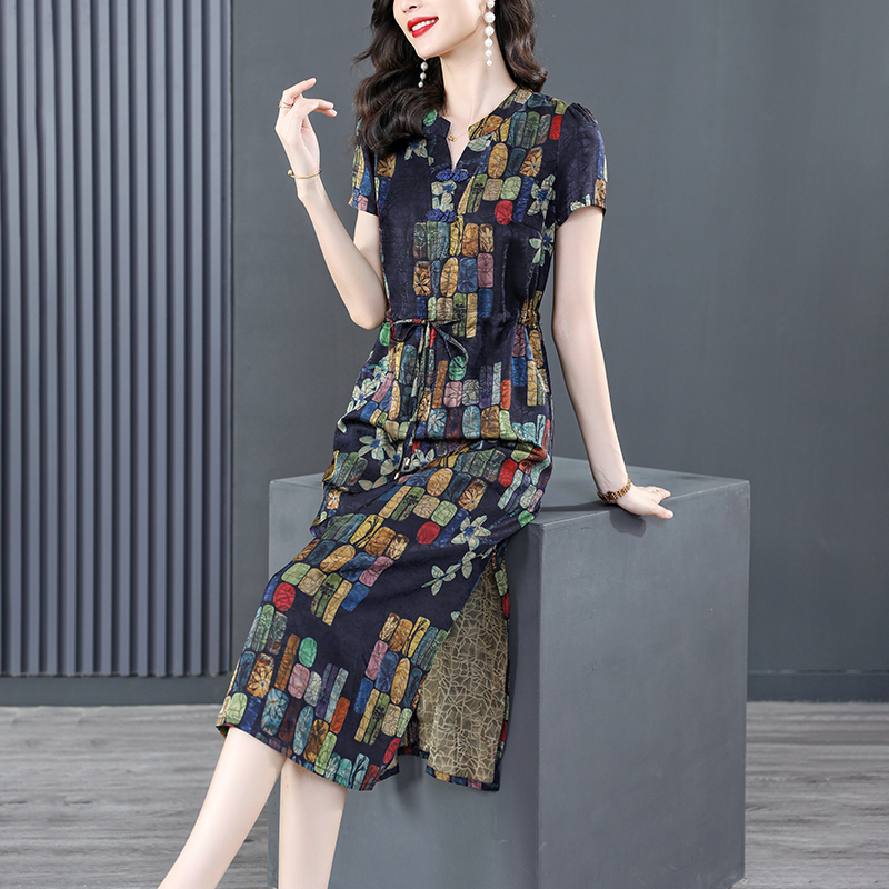 

8810# YM Ladies New Summer Loose Dresses V-neck Short sleeve Printing Women Fashion Rayon Side-slit Dress With Pockets M-XXXL, As the picture