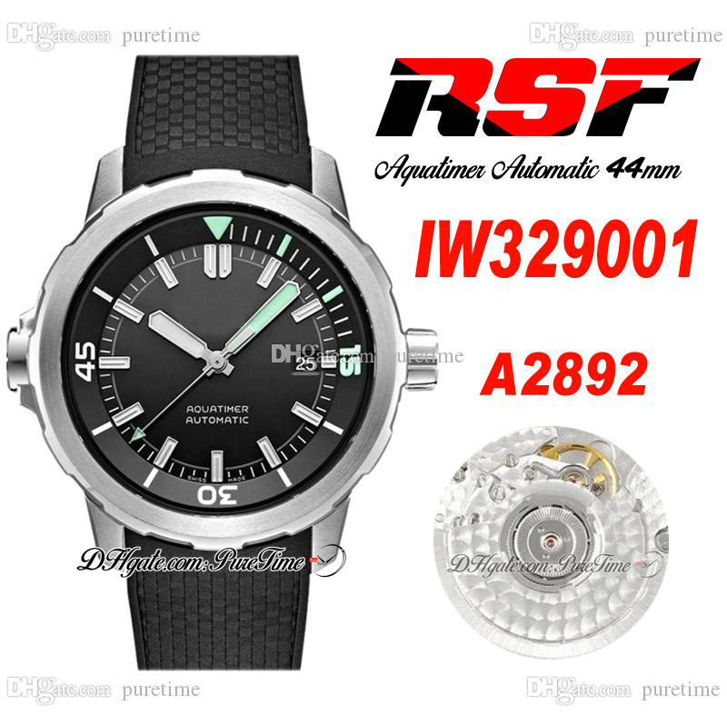 

RSF Aquatimer IW3290 A2892 Automatic Mens Watch 44mm Steel Case Black Dial Stick Markers Rubber Strap Super Edition Puretime A1