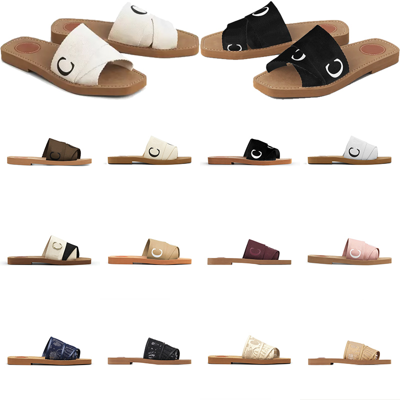 

Women Flat Sandals Woody Mules Designer Canvas Slippers Rubber Slides White Black Pink Khaki Beige Lace Lettering Fabrice Womens Summer Outdoor Shoes