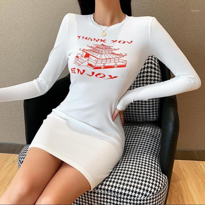 

Women Fashion Long Sleeve Letter Print Dress Streetwear Autumn Knitted White Bodycon For Ladies Casual Dresses