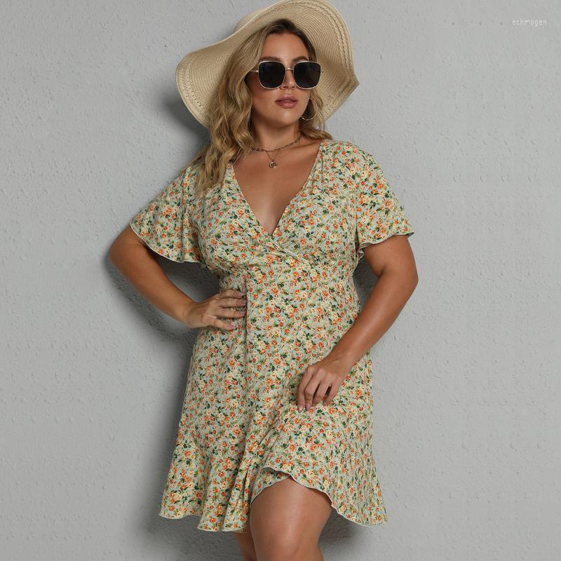 

Plus Size Dresses Summer Women Print Dress Boho Short Sleeve Clothes V-neck Streetwear High Waist Mini Vestido Echm22, Hy86061638
