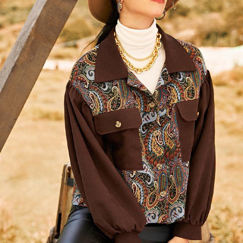 

Women' Jackets 2022 Autumn Winter Vintage Jacket Women Splicing Loose Print Ethnic Style Long Sleeve Shirt Streetwear Female Goth Co, Brown