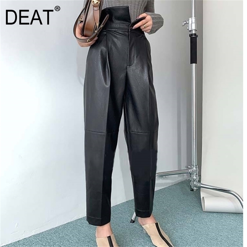 

DEAT Autumn And Winter High Waist Full Length PU Leather High Quality Pocket Long Pants Female Trousers WO19901 201228, Black