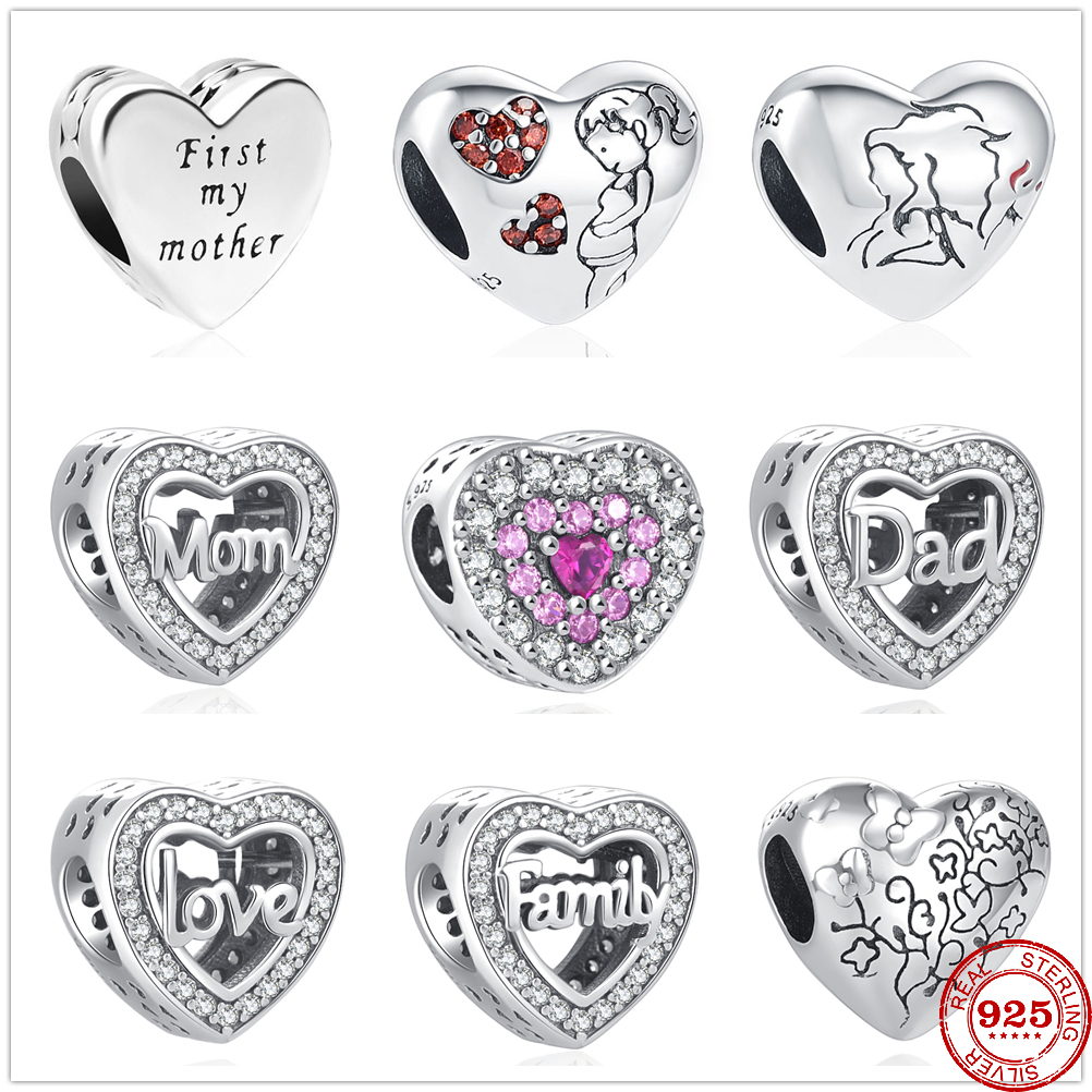 

925 Sterling Silver Dangle Charm Heart Forever Frist My Mother Family Dad Beads Bead Fit Pandora Charms Bracelet DIY Jewelry Accessories