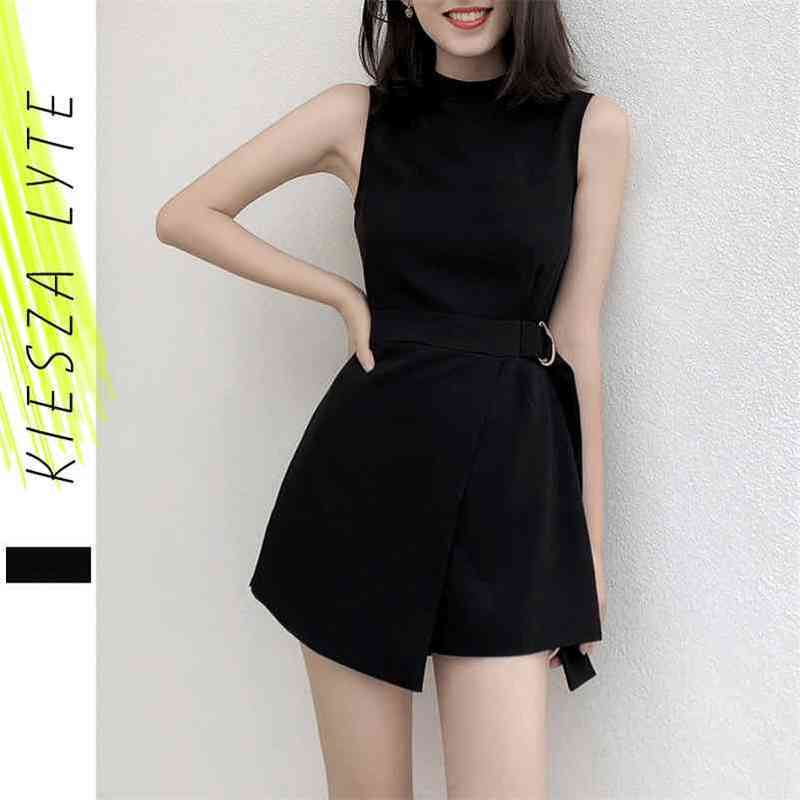 

Women jumpsuit black shorts for lady summer sleeveless high waisted irregular jumpsuits fashion clothes 210608