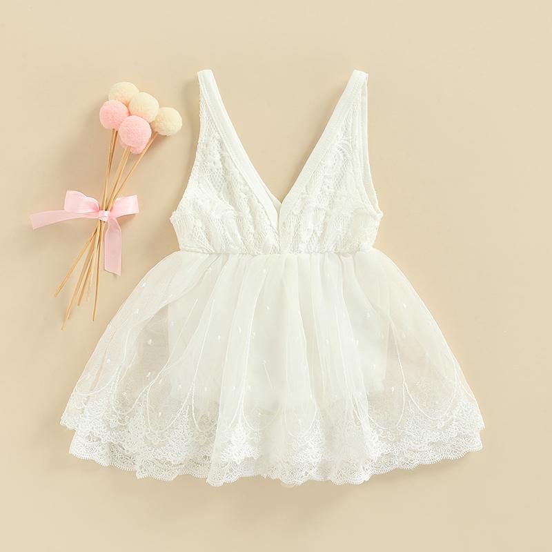 

Girl's Dresses Princess Born Baby Dress Romper Infant Toddler Mesh Hem Sleeveless Lace Solid V-neck Party Jumpsuit Tutu DressGirl's, White