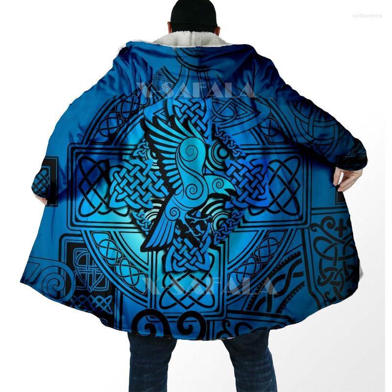 

Men' Wool & Blends Viking Raven Odin Cyan All Over 3D Printed Overcoat Thick Warm Hooded Cloak Coat For Men Windproof Fleece Unisex Will22, E23