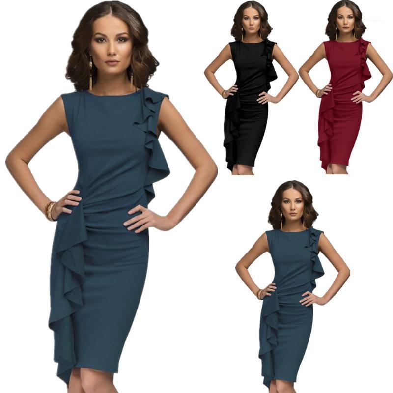 

Casual Dresses European And American Ruffled Dress Round Neck Sleeveless, Black