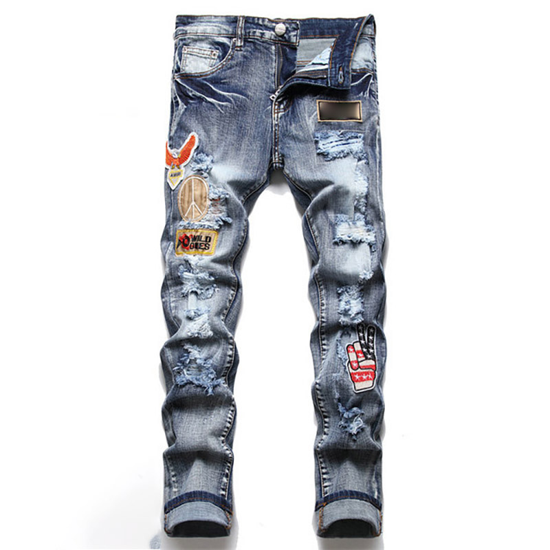 

Mens Jeans Skinny Distress Ripped Destroyed Stretch Biker Denim white Black Blue Slim Fit Hip Hop Pants For Men size 44-54 Top Quality 82