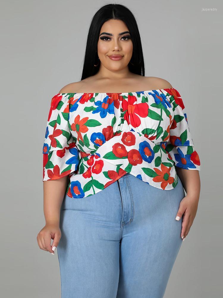 

Women's Plus Size T-Shirt ZJFZML ZZ Women 2022 Wholesale Off The Shoulder Three Quarter Sleeve Floral Print Irregular Tops Drop Jasp22, Blue