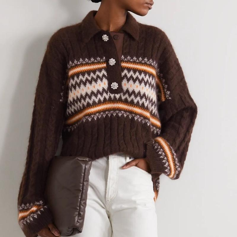 

Women' Sweaters Vintage Striped Jacquard Women' Wool-Blend Rhinestone Button Long Sleeve Female Knit Turn-down Collar Pullover TopsWom, Sweater