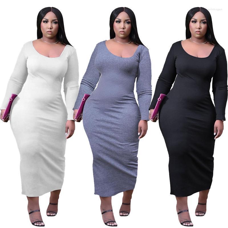 

Plus Size Dresses Women's Clothing Fashion U-neck Solid Color Casual Long Sleeve Slim Commuting Sexy Midi Dress Wholesale Drop Echm22, Black