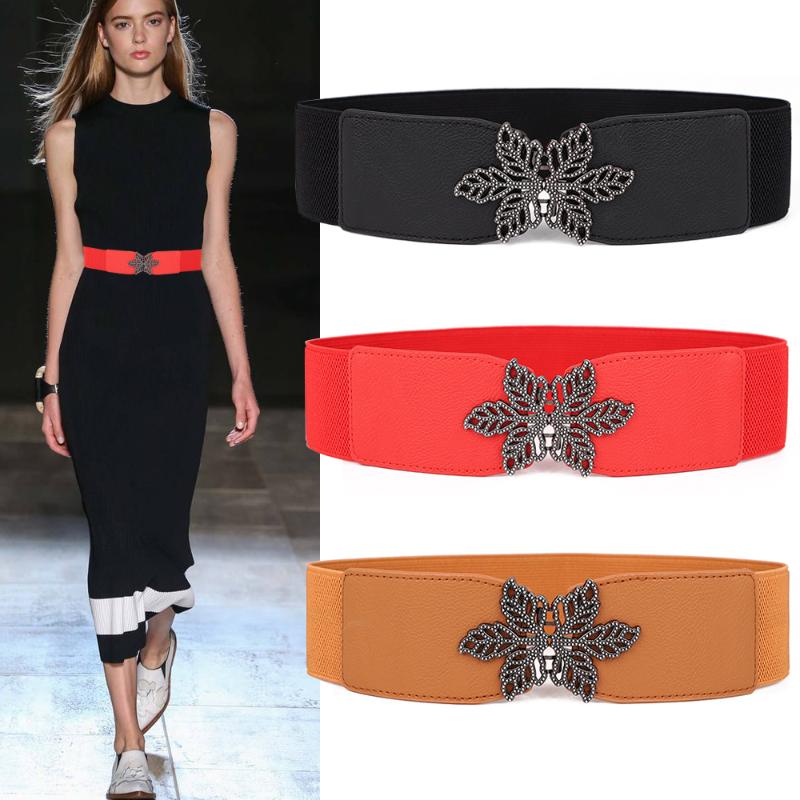 

Belts Elastic Women Girl Stretch Waistbands Black Flower Leaf Shape Buckle Wedding Metal Female Cummerbund Cinturones Para Mujer, White