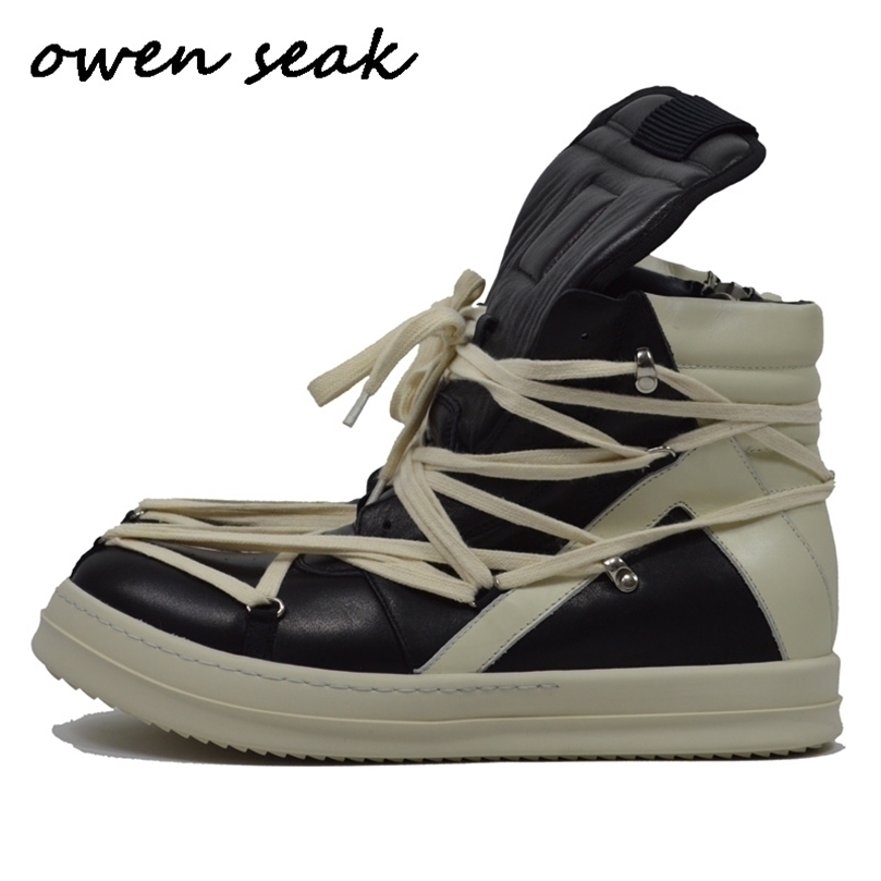 

Owen Seak Men Genuine Leather HighTOP Ankle Boots Luxury Trainers Casual Sneaker Laceup Women High Street Zip Flats Shoes 220815, Black