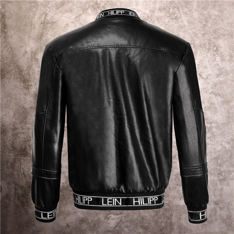 

Plein-brand Men's PP Skull fur Leather mansJacket Thick Baseball Collar Jacket Simulation Motorcycle P6969, Black
