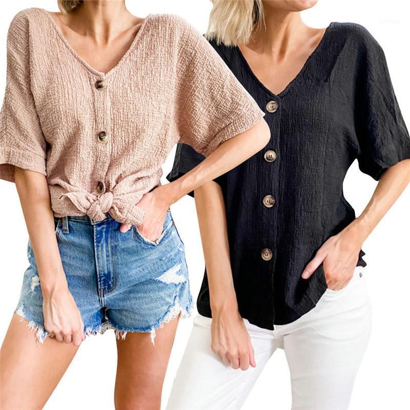 

Women' Blouses & Shirts Fashion Women Sexy Deep V-neck Shirt Blouse Short Sleeve Summer Solid Color Button Office Lady