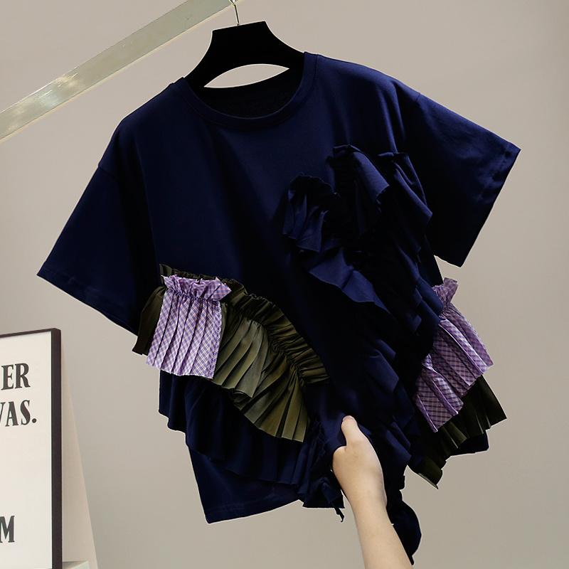 

Women' T-Shirt Irregular Elegant Ruffled Laminated Contrast Stitching Short Sleeves Tshirt For Women 2022 Spring Summer Casual TopWomen, Black