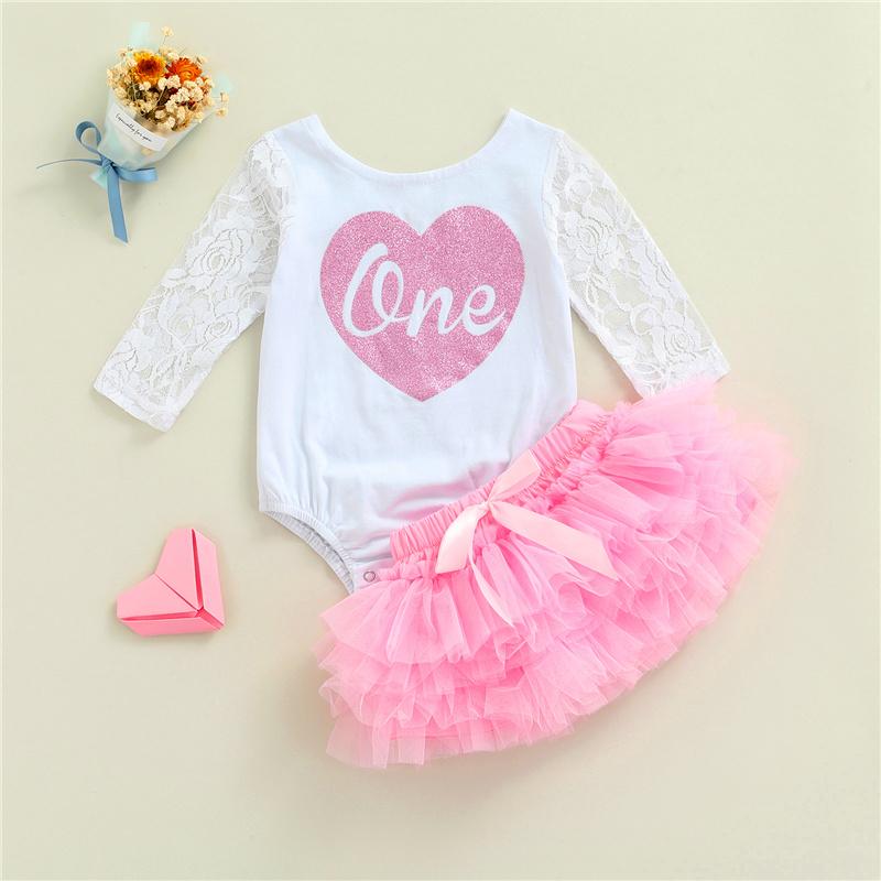 

Clothing Sets Baby Girls My First Birthday Outfits Cute Heart Print Long Sleeve Floral Lace Romper Tutu Skirt Set 6-24MonthsClothing, Pink