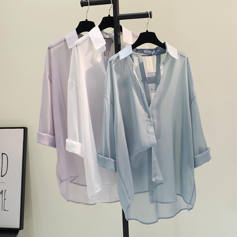 

Women's Blouses & Shirts Lightweight Cotton Linen Women Summer Design 2022 Solid Turn-Down Collar Long-Sleeved Female Outwear TopsWomen's, Blue